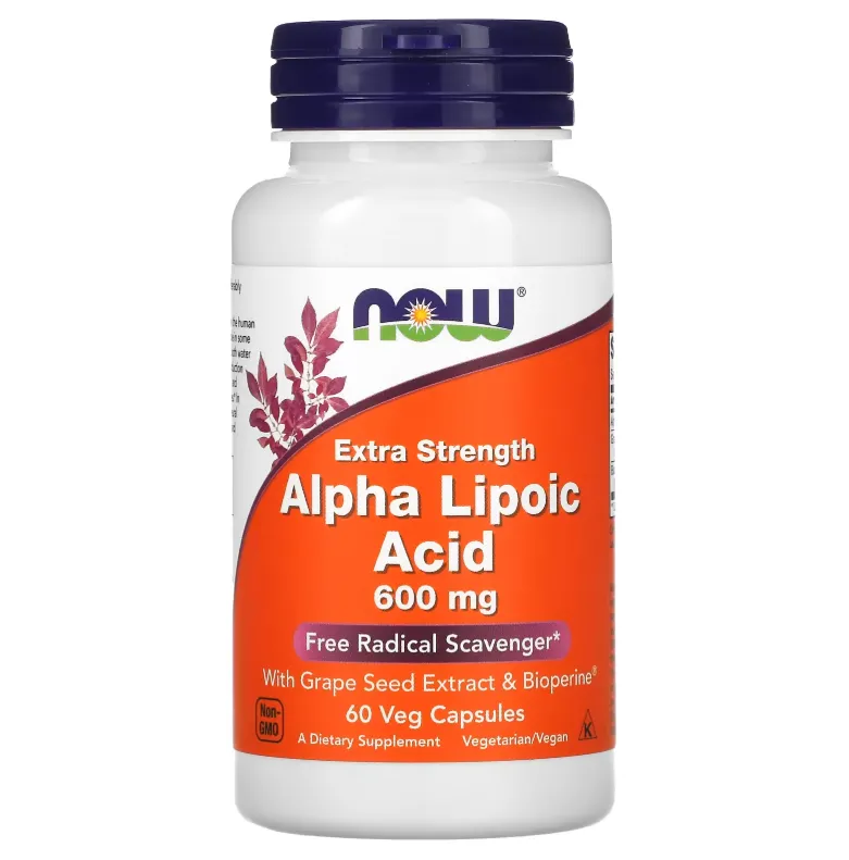 NOW Extra Strength Alpha Lipoic Acid 600 mg مكمل غذائي يحتوي على حمض ألفا ليبويك مع مستخلص بذور العنب والبيوبرين.