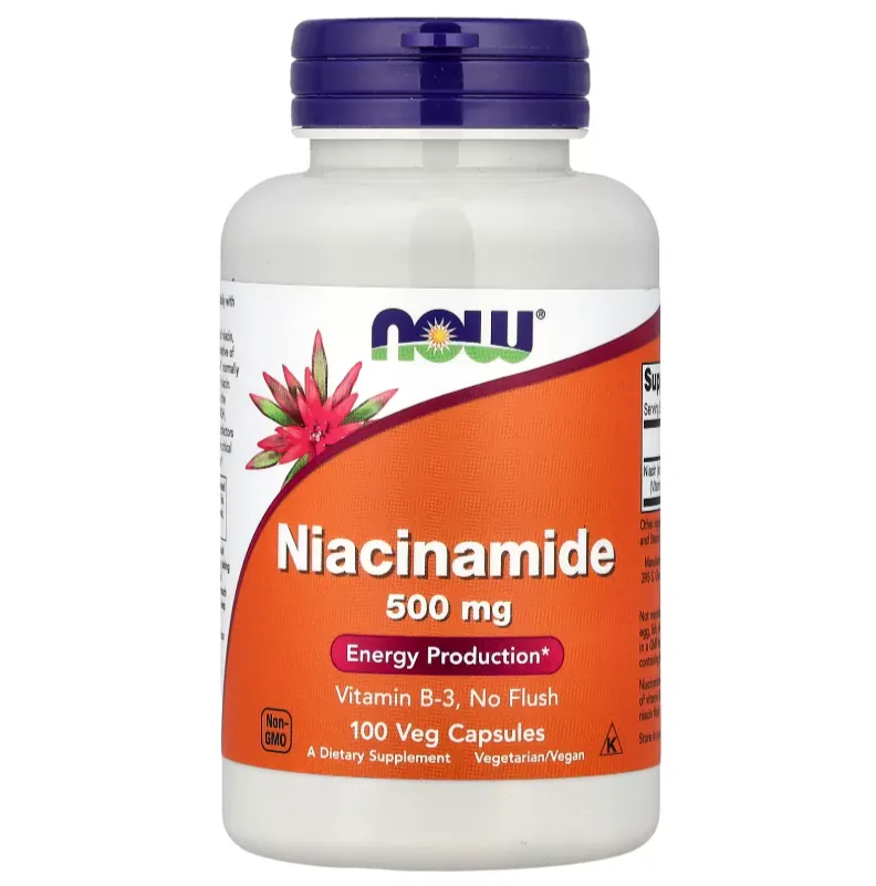 NOW Niacinamide 500 mg (100 veg Capsules) مكمل غذائي يحتوي على فيتامين B3 (نياسيناميد) لدعم إنتاج الطاقة.