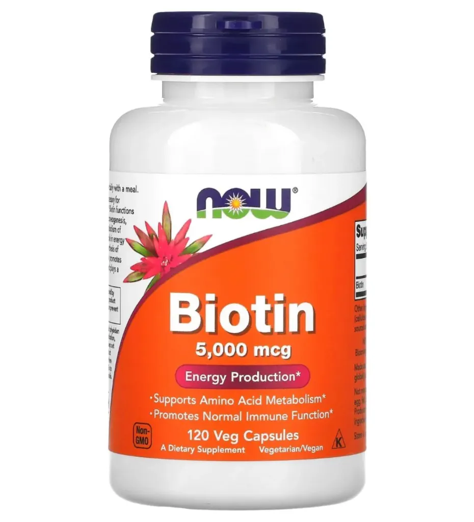 NOW Biotin 5,000 mcg (120 veg capsules ) مكمل غذائي يحتوي على البيوتين لدعم صحة الشعر والبشرة.