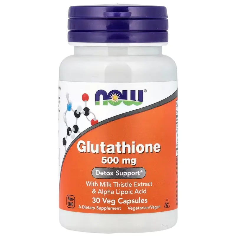 NOW Glutathione 500 mg (30 veg capsules) مكمل غذائي يحتوي على الجلوتاثيون مع حمض ألفا ليبويك ومستخلص شوك الحليب لدعم مضادات الأكسدة.