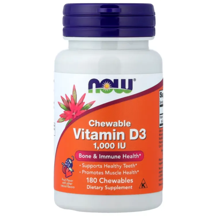 NOW Chewable Vitamin D-3 1,000 IU فيتامين D3 قابل للمضغ بطعم مناسب.
