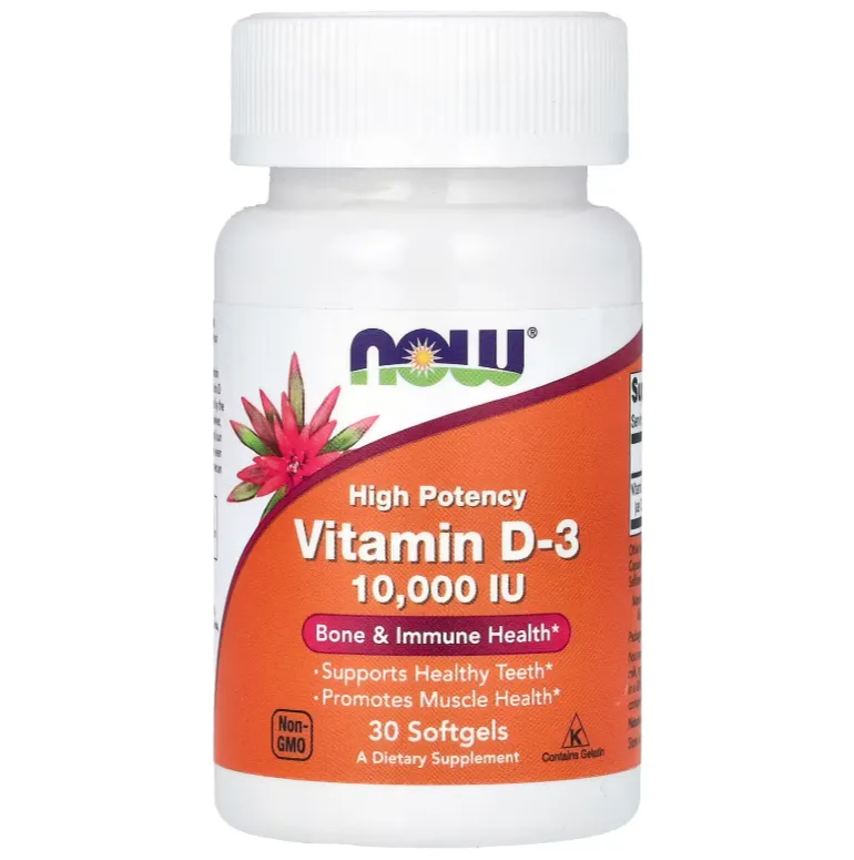 NOW Vitamin D-3 10,000 IU (30 capsules) مكمل غذائي عالي الفعالية بفيتامين D3.