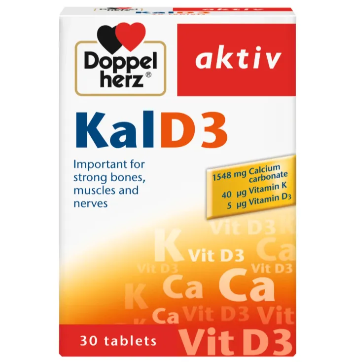 Doppelherz aktiv Kal D3 تركيبة تجمع بين الكالسيوم وفيتامين D3 وفيتامين K لدعم صحة العظام.