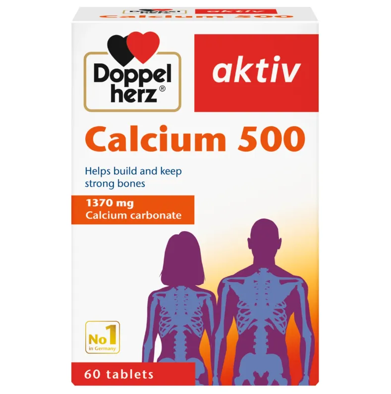 Doppelherz aktiv Calcium 500 مكمل غذائي يحتوي على الكالسيوم لدعم صحة العظام.