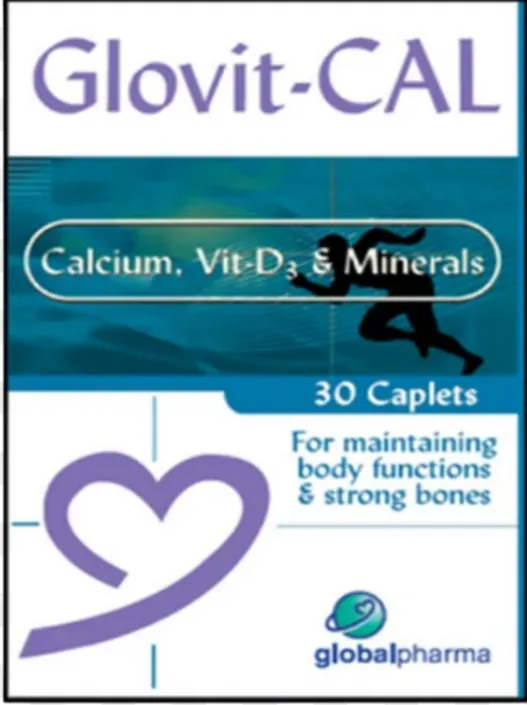 Glovit-CAL 500 mg + 250 IU مكمل غذائي يحتوي على الكالسيوم وفيتامين D3 والمعادن.