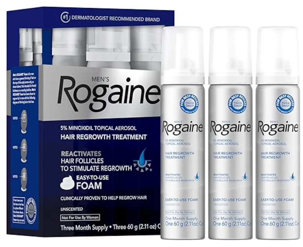 Men's Rogaine Foam 5% Minoxidil رغوة مينوكسيديل 5% للمساعدة على إعادة نمو الشعر لدى الرجال.