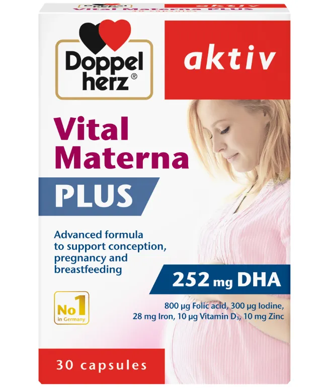 Doppelherz aktiv Vital Materna Plus تركيبة متقدمة لدعم ما قبل الحمل والحمل والرضاعة.