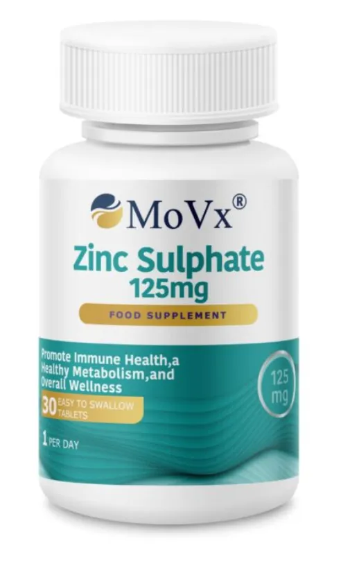 Movx Zinc Sulphate 125 mg 30 Tablets | موفكس مكمل غذائي يحتوي على الزنك لدعم وظائف الجسم الحيوية - 30 قرص