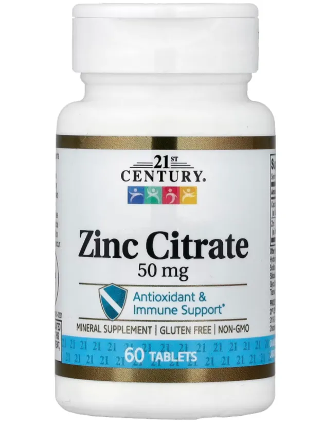 21st Century Zinc Citrate 50 mg (60 Tablets) مكمل غذائي يحتوي على الزنك بصيغة سترات الزنك عالية الامتصاص، لدعم المناعة والصحة العامة.