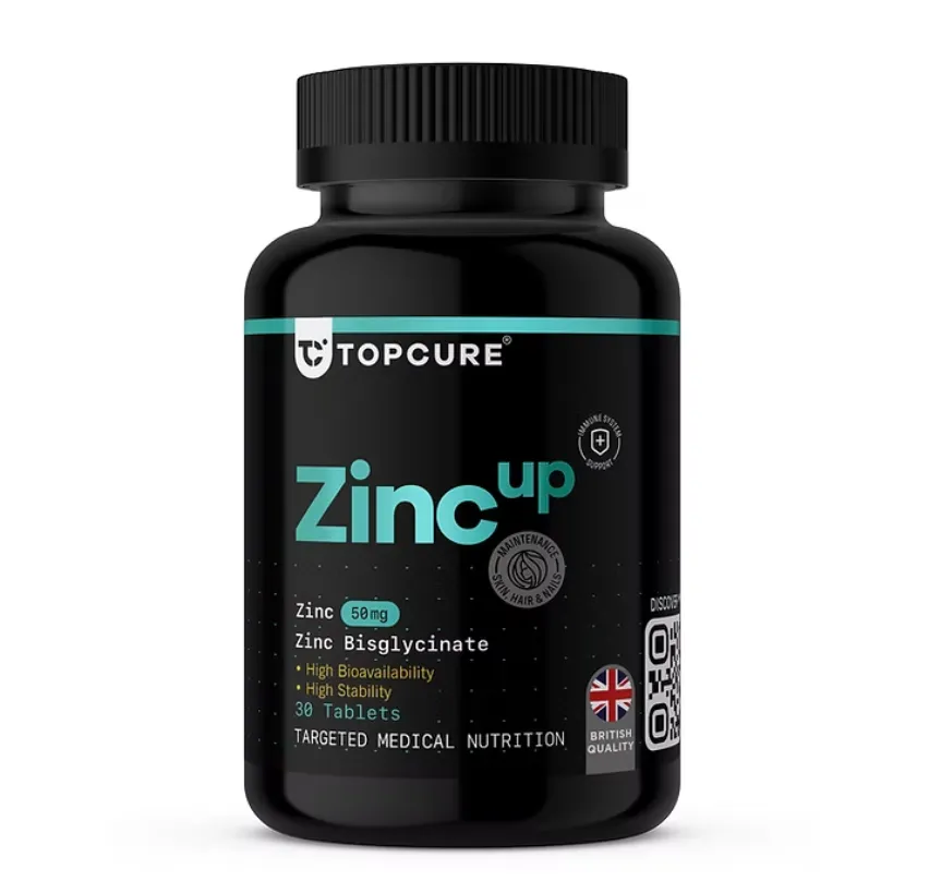 TopCure Zinc Up Zinc Bisglycinate 50 mg مكمل غذائي يحتوي على زنك بيسجليسينات، أحد أفضل أشكال الزنك من حيث الامتصاص.