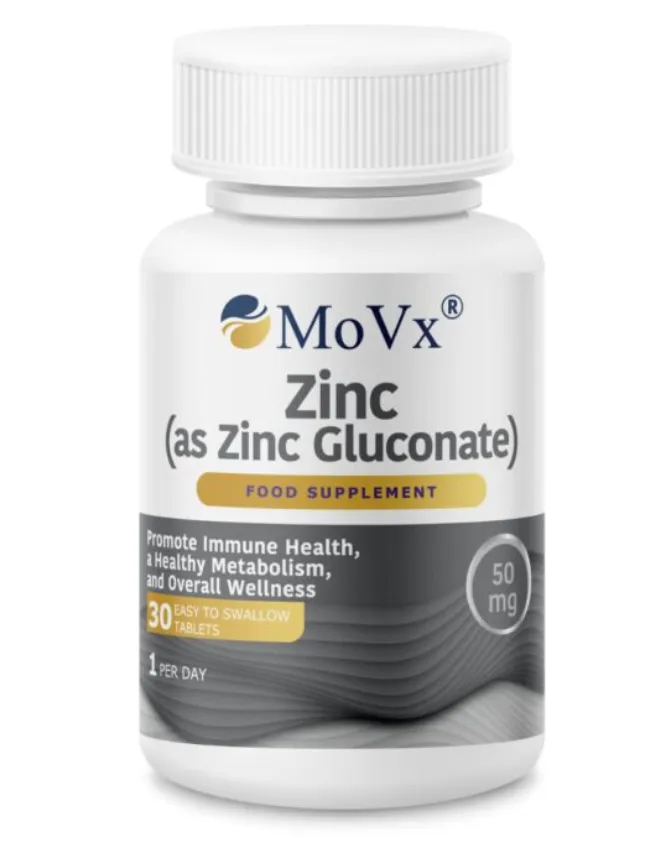 MoVx Zinc (as Zinc Gluconate) 50 mg (30 Tablets) مكمل غذائي يحتوي على زنك جلوكونات لدعم المناعة والعمليات الحيوية في الجسم.