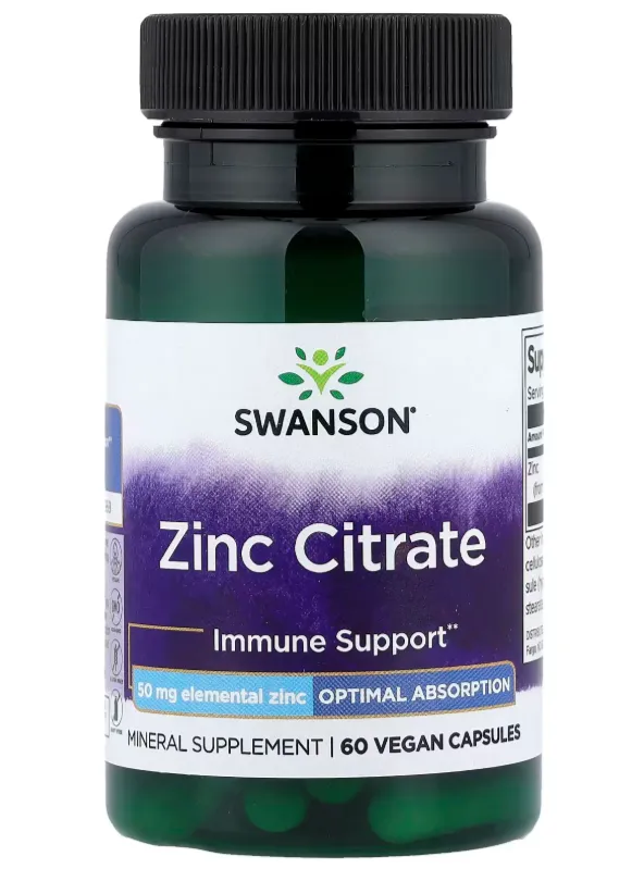 Swanson Zinc Citrate 50 mg (60 Vegan Capsules) مكمل غذائي يحتوي على سترات الزنك بتركيبة عالية الامتصاص لدعم الصحة العامة.