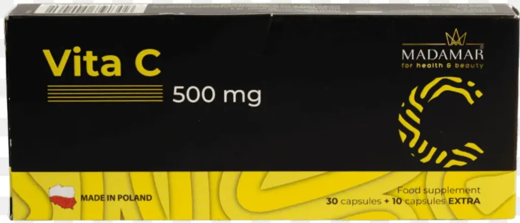 Madamar Vita C 500 mg (40 Capsules) مكمل غذائي يحتوي على فيتامين C بجرعة 500 مجم للمحافظة على الصحة العامة.