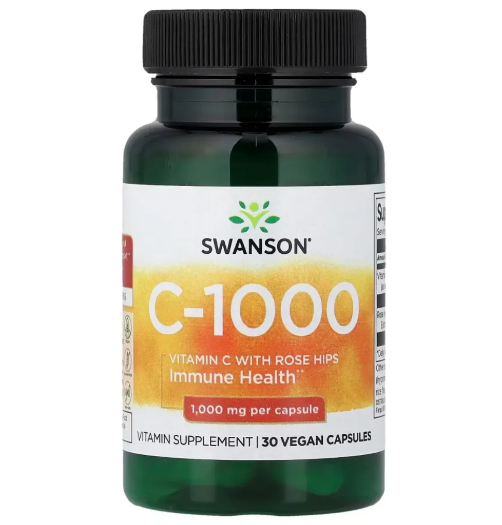 Swanson C-1000 with Rose Hips (30 Vegan Capsules) مكمل غذائي يحتوي على 1000 مجم من فيتامين C مع خلاصة ثمار الورد (Rose Hips) لدعم المناعة وتعزيز مضادات الأكسدة.