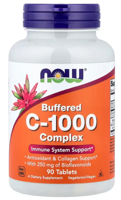 NOW Buffered C-1000 Complex (90 Tablets) تركيبة متطورة من فيتامين C المدعم بالبيوفلافونويدات، لطيفة على المعدة وتدعم المناعة وصحة الكولاجين.