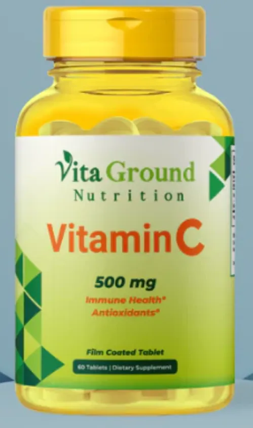 Vita Ground Nutrition Vitamin C 500 mg (60 Tablets) مكمل غذائي يحتوي على 500 مجم من فيتامين C لدعم المناعة والصحة العامة.