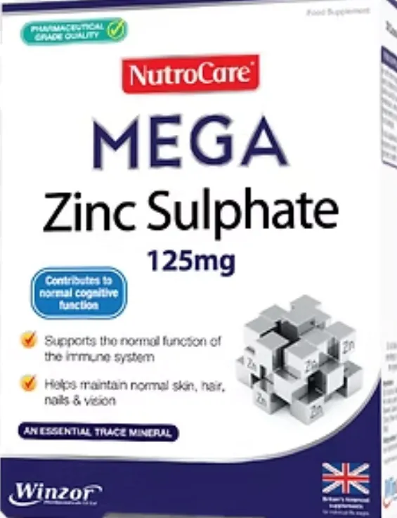 NutroCare Mega Zinc Sulphate 125 mg مكمل غذائي يحتوي على كبريتات الزنك لدعم المناعة والوظائف الحيوية وصحة الجلد والشعر.