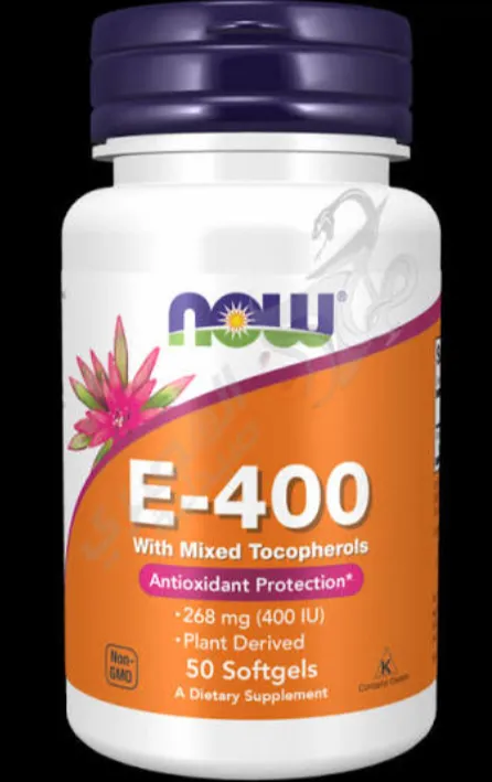 NOW E-400 with Mixed Tocopherols (50 Softgels) الوصف: مكمل غذائي يحتوي على فيتامين E الطبيعي مع خليط من التوكوفيرولات لتعزيز الحماية المضادة للأكسدة.