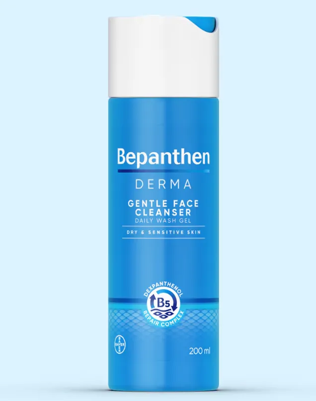Bepanthen Derma Gentle Face Cleanser غسول لطيف ينظف البشرة بعمق دون أن يسبب الجفاف، مع الحفاظ على الترطيب الطبيعي للبشرة.