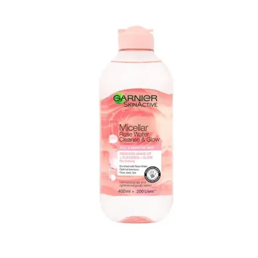 غسول وجه غارنيه سكين اكتيفx ماء ميسيلار غنى بماء الورد garnier skin active micellar rose glow cleansing water